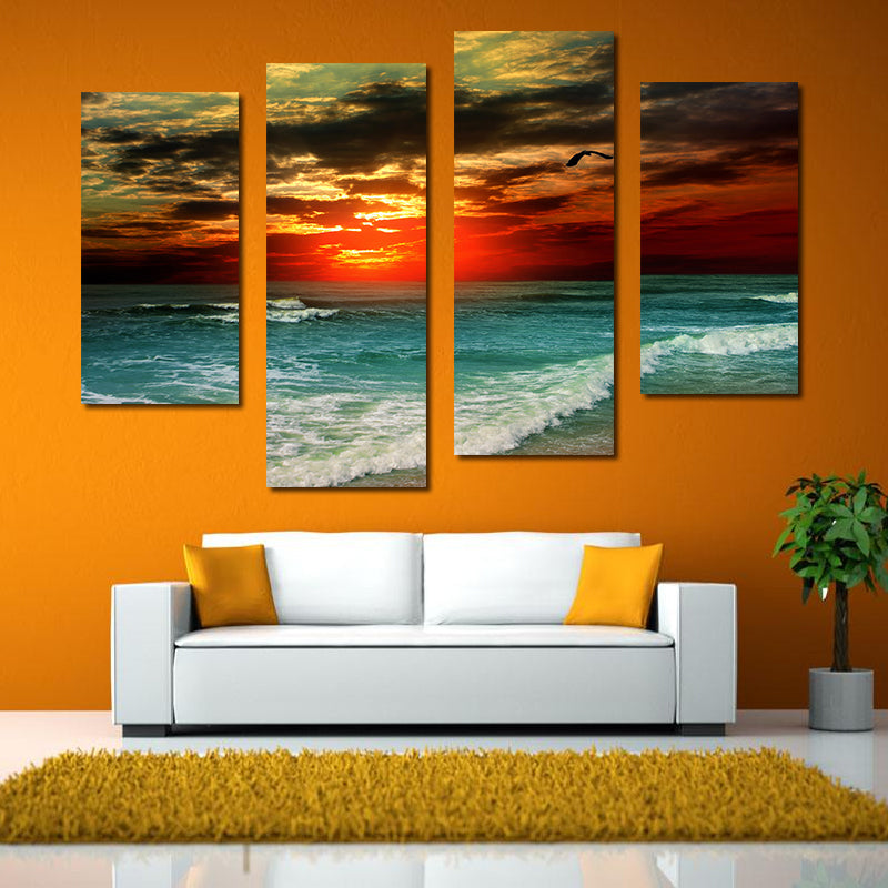 Miico Hand Painted Four Combination Decorative Paintings Beach Sunset Wall Art For Home Decoration