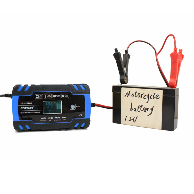 FOXSUR 12/24V 8A/4A Touch Screen Pulse Repair LCD Battery Charger Blue For Car Motorcycle Lead Acid Battery Agm Gel Wet