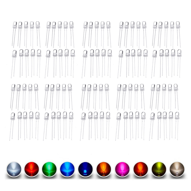 100pcs 5mm LED Diode 5 mm Assorted Kit Clear Warm White Green Red Blue UV Yellow Orange Pink F5 DIP DIY Light Emitting Diode Set