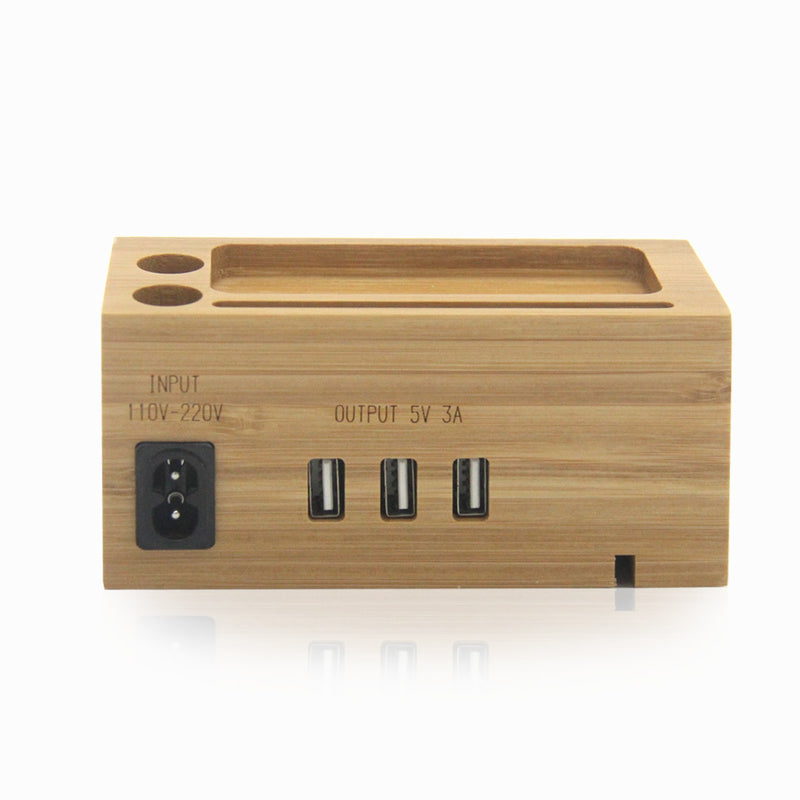 Natural Bamboo USB Charging Dock Stand Holder Bracket for Mobile Phone Smart Watch