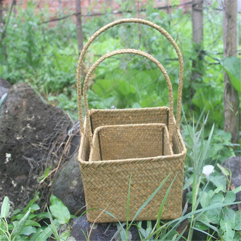 Woven Seagrass Tote Organizer Handle Bag Garden Flower Handmade Plant Pot Plant Baskets Storage Box