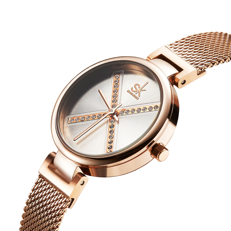 SHENGKE SK K0102 Crystal X Pattern Full Steel Strap Women Business Quartz Watch
