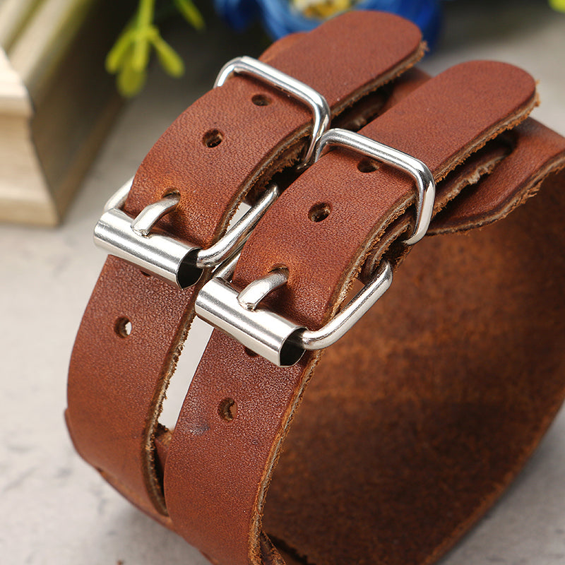 Men Punk Leather Bracelet Wristband Cuff Bangle 2 Layer