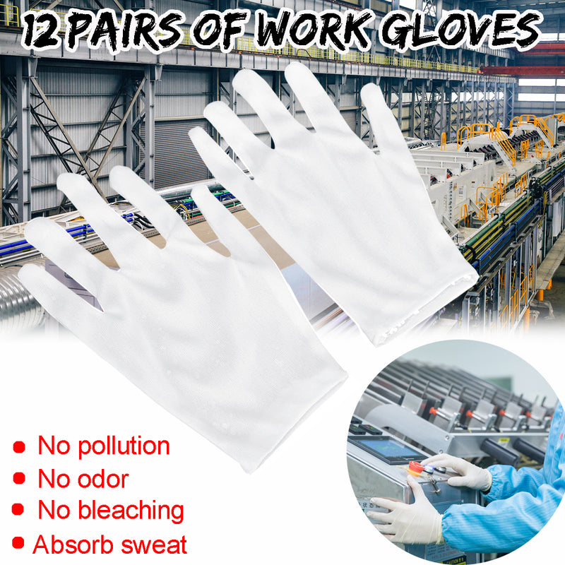 12Pairs Nylon Work Gloves White Etiquette Gloves Dust-Free Gloves Protection