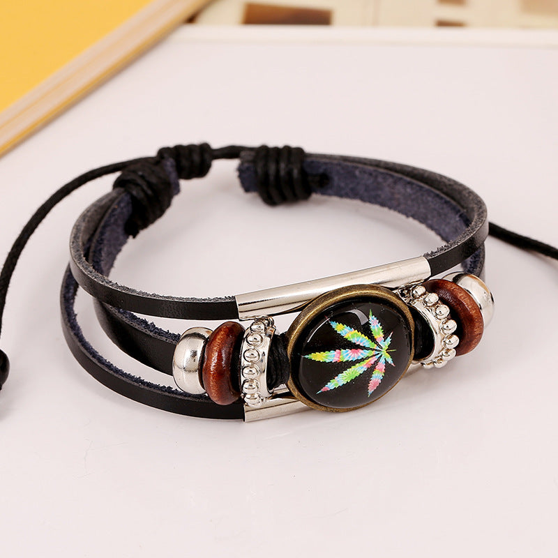 Punk Multilayer Unisex Bracelets Wooden Beads Maple Leaf Bracelet for Men