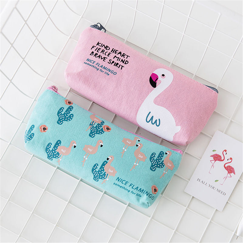 Mrosaa Cute Flamingo Canvas Pencil Case Small Fresh Zipper Large Capacity Pen Bag School Stationery