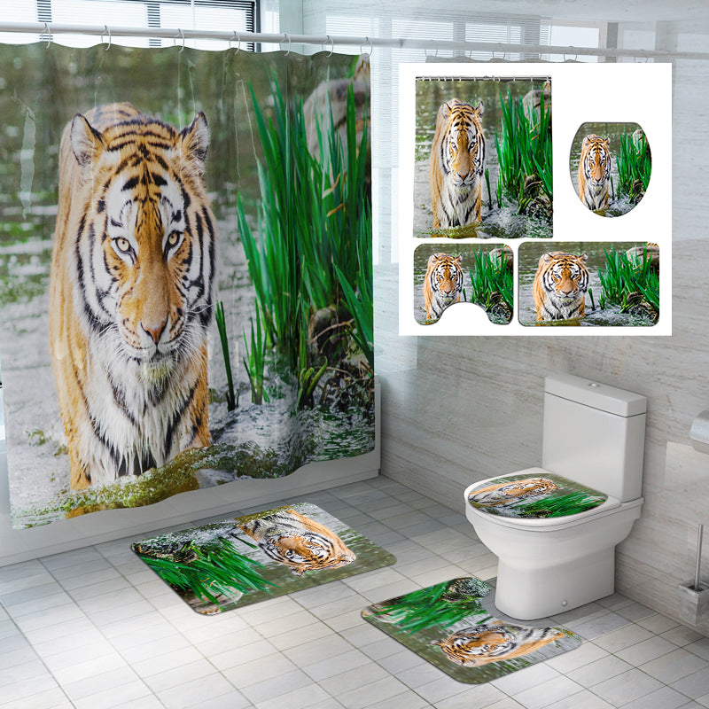 1.8M Bath Bathroom Decor Shower Curtain Set Tiger Lion Prints Polyester 12 Hook