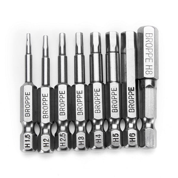 Broppe 8pcs 50mm H1.5-H8 Hex Head Screwdriver Bit 1/4 Inch Hex Shank Magnetic Screwdriver Bits
