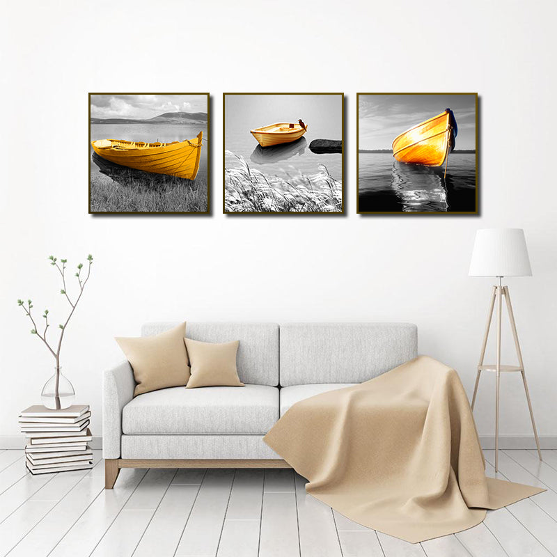 Miico Hand Painted Three Combination Decorative Paintings Yellow Boat Wall Art For Home Decoration