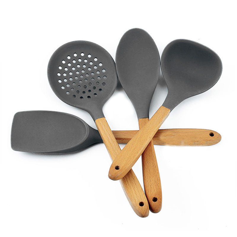 7 Pcs Wooden Handle Silicone Kitchenware Outdoor Camping Tableware Portable Multi Cooking Tools