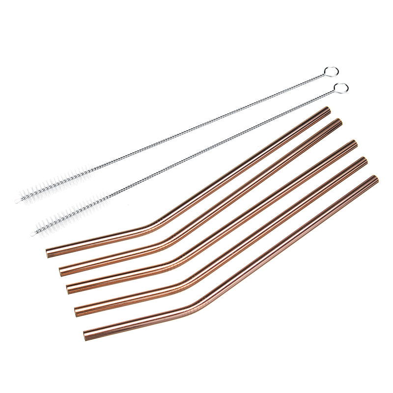 7pcs Stainless Steel Rose Gold Curved Straw / Straight Straw + Brush Reusable