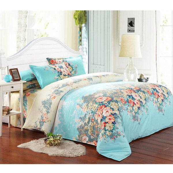 4 Pcs Blue Single Double Queen King Size Bed Set Pillowcase Quilt Duvet Bedding Sets