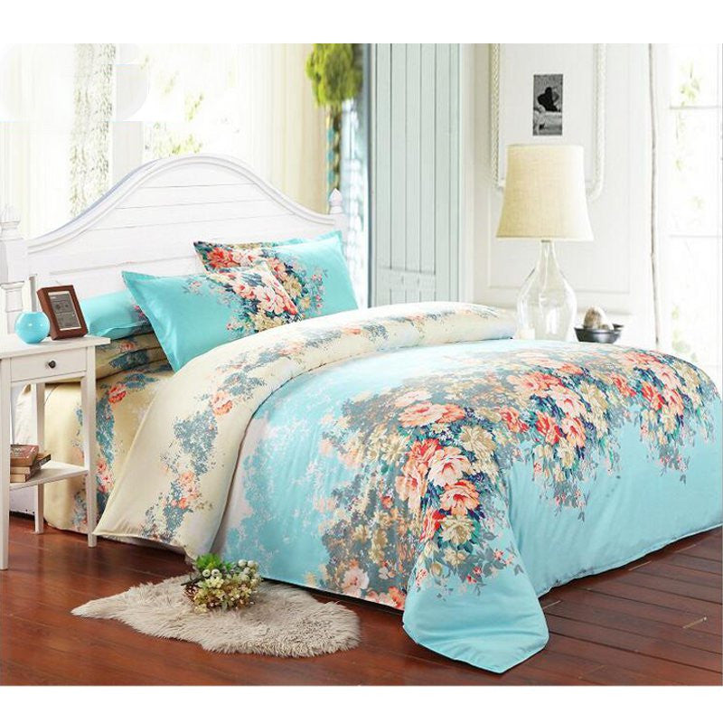 4 Pcs Blue Single Double Queen King Size Bed Set Pillowcase Quilt Duvet Bedding Sets