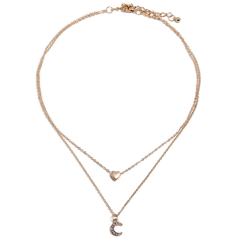 Trendy Multi-layer Necklace Gold Moon Peach Heart Pendant Chain Charm Necklace Retro Jewelry