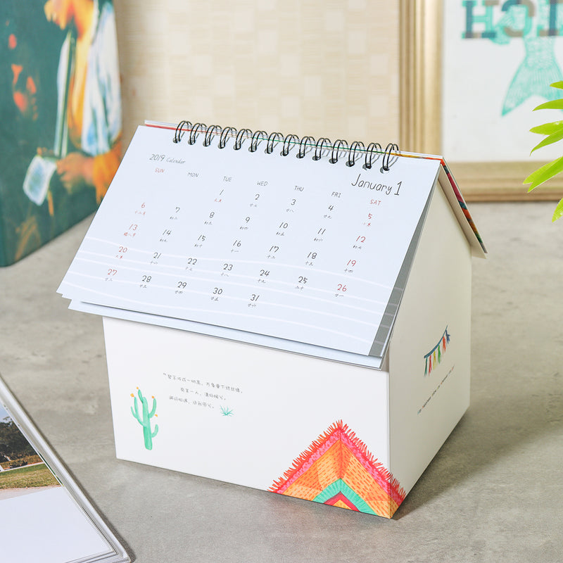 2019 Calendar Folding House Desktop Table Paper Note Storage Box Daily Organizer