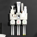 Toothpaste Dispenser Toothbrush Holder No Drill Wall Mount Bathroom Storage Shelf Rack