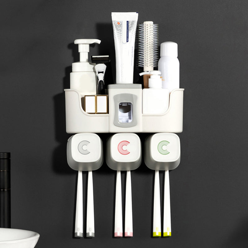 Toothpaste Dispenser Toothbrush Holder No Drill Wall Mount Bathroom Storage Shelf Rack