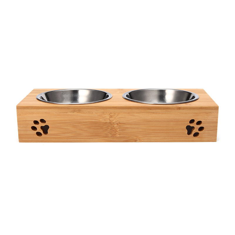 Pet Food Water Feeder Single Twin Bowls Bamboo Stainless Steel Dog Cat Dishes Pet Bowl