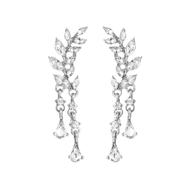 Sweet Leaf Rhinestone Earrings Silver Gold  Piercing Tassel Crytral Earring for Women