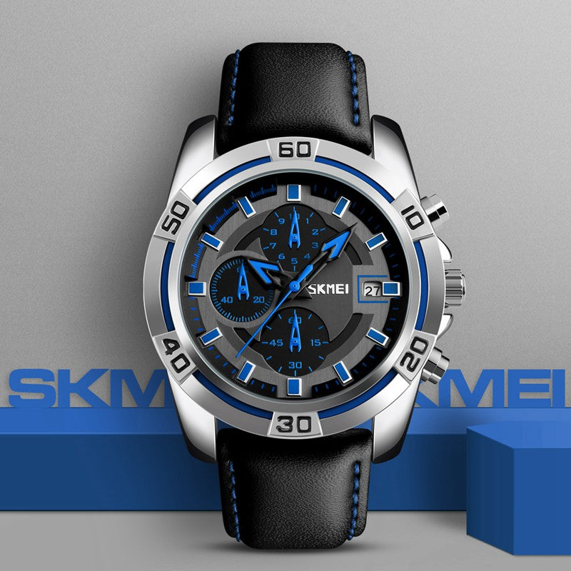 SKMEI 9156 Sport Watch Chronograph Leather Strap Waterproof Men Quartz Wrist Watch