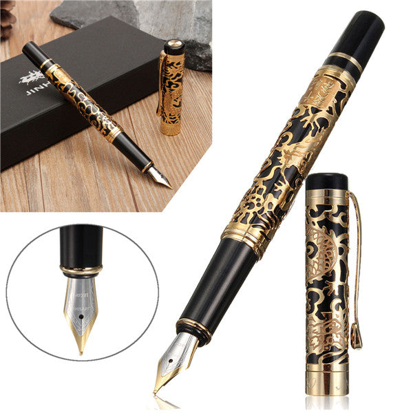 JINHAO 5000 Black And Golden Medium Nib Fountain Pen Dragon Embossed