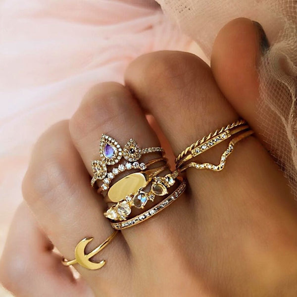 9 Pcs Ethnic Colorful Diamond Ring Set Retro Gold Moon Rhinestone Rings For Women