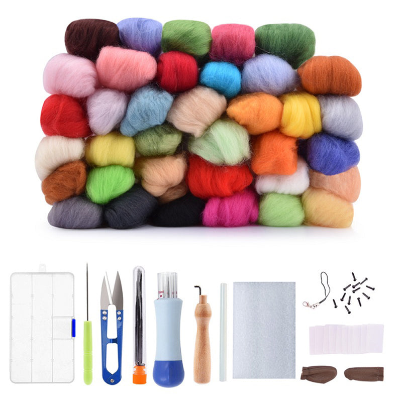36 Color DIY Wool Felt Kit Needles Tool Set Handmade Needle Felting Mat Starter Fabric Sewing Kit w/ Felting Handle Clover