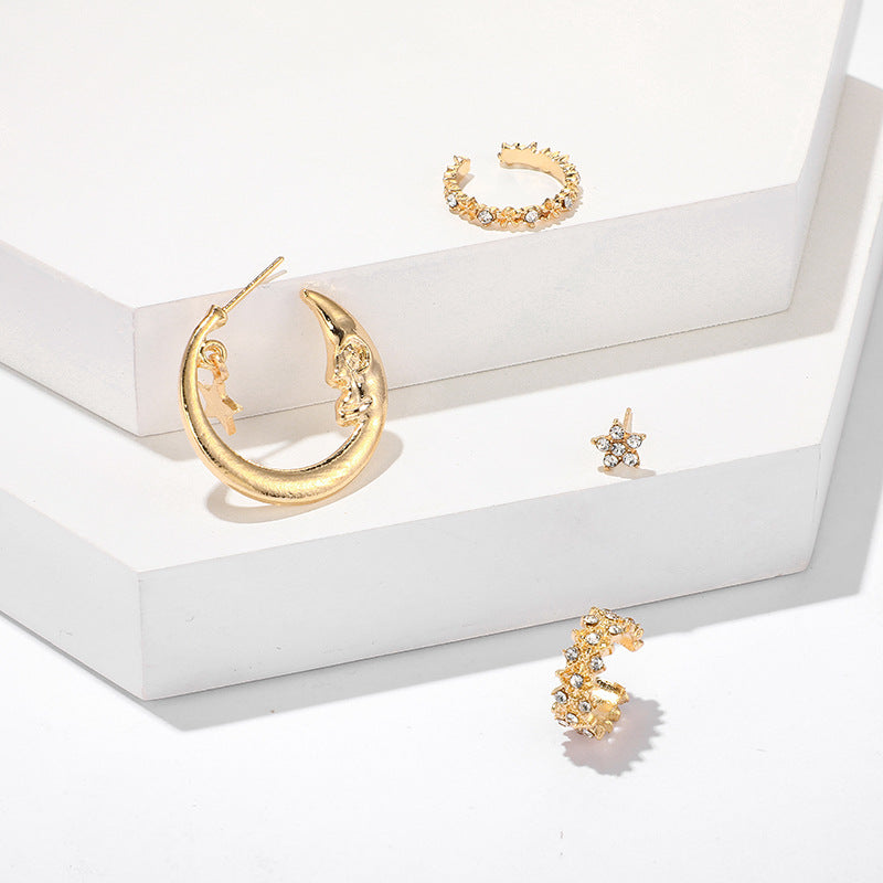 Trendy Moon Star Stud Earrings Kit Rhinestone Alloy Earring Set Women Jewelry
