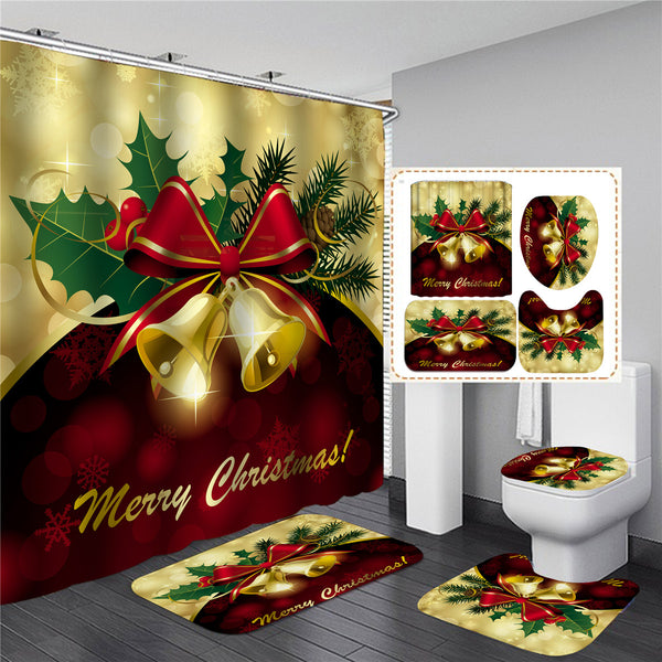 180x180cm Christmas Bell Shower Curtain Lid Toilet Cover Bath Floor Pedestal Mat