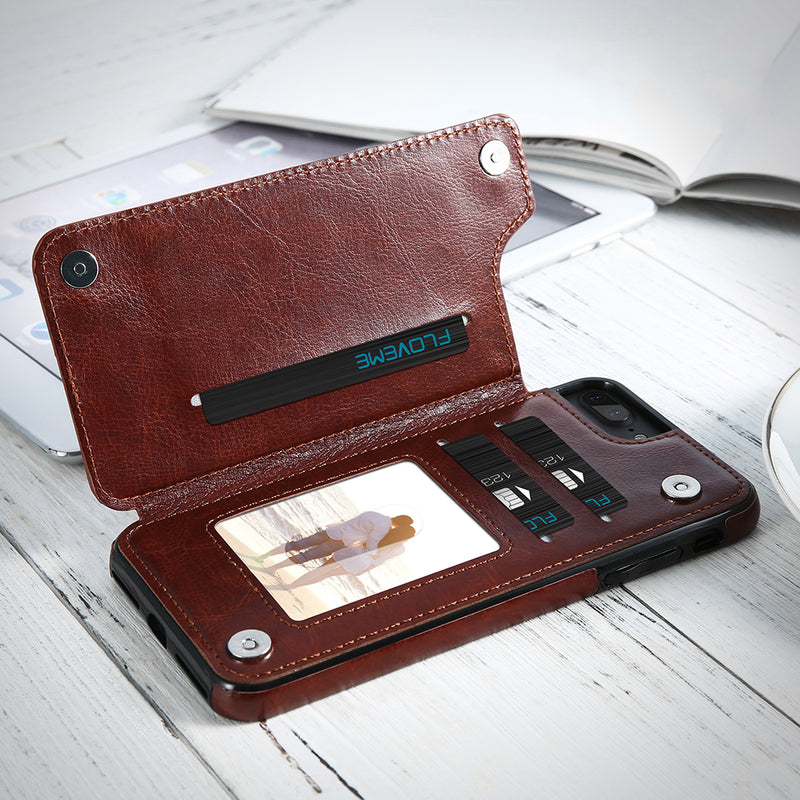 KISSCASE Retro PU Leather Card Slots Bracket Protective Case for iPhone XS/X 7/8 Plus 6/6s Plus