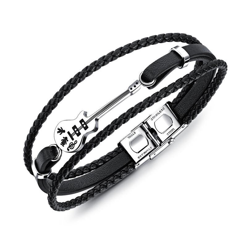 Creative Mini Guitar Men's Leather Multilayer Braided Titanium Steel Bracelet