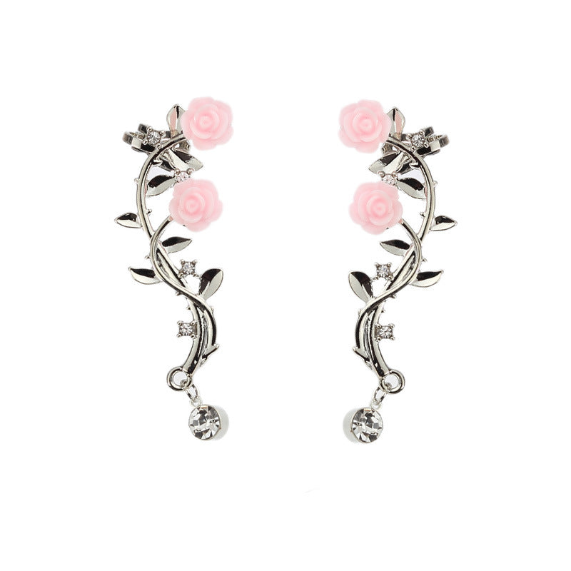 Elegant Pink Flower Womens Cuff Earring Silver Gold Color Piercing Clip Earrings