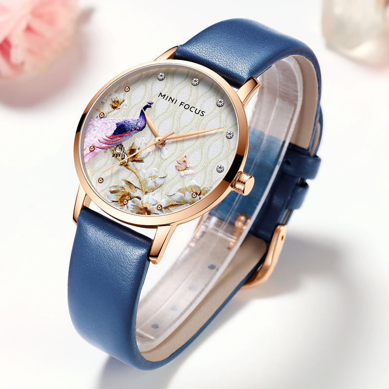 MINI FOCUS MF0330L Fashion Women Peacock Flower Pattern Genuine Leather Quartz Watch