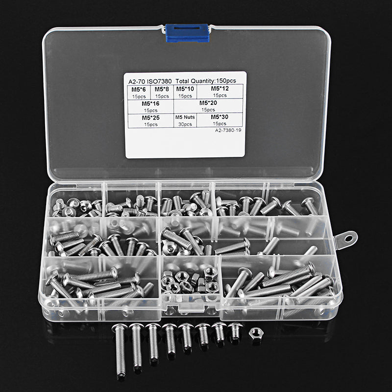 Suleve M5SH2 150Pcs M5 Stainless Steel 6-30mm Hex Socket Button Head Screw Allen Bolt Assortment Kit