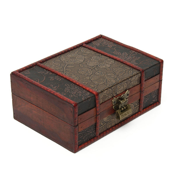Vintage Wooden Jewelry Storage Box Desktop Books Files Document Organizer Bookcase Handmade Decorative Jewelry Treasure Lock Chest