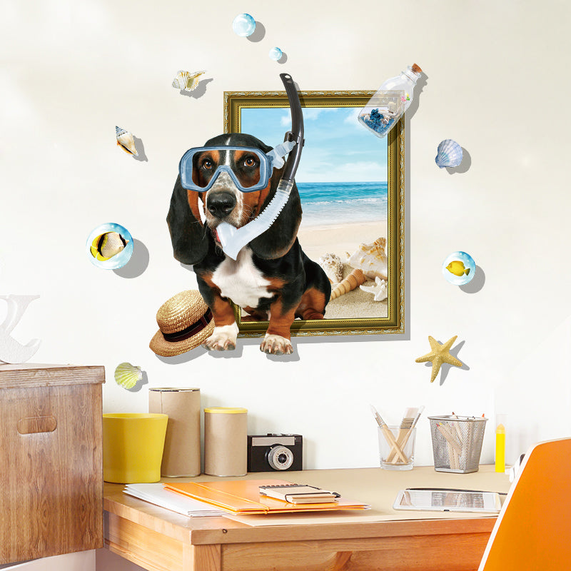 Miico Creative 3D Cartoon Summer Diving Dog Frame PVC Removable Home Room Decor Sticker