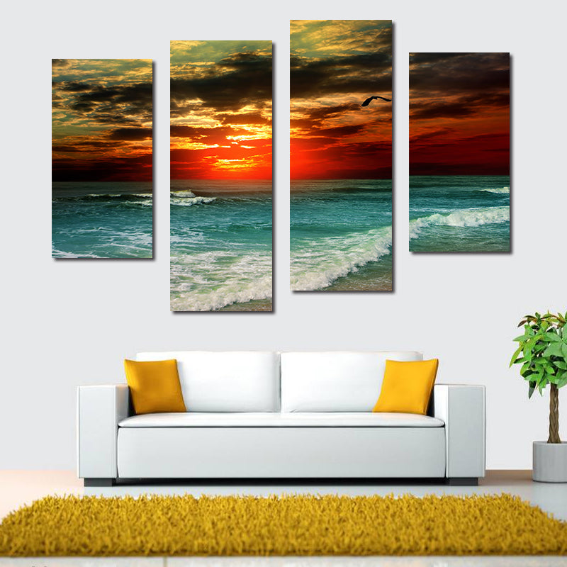Miico Hand Painted Four Combination Decorative Paintings Beach Sunset Wall Art For Home Decoration