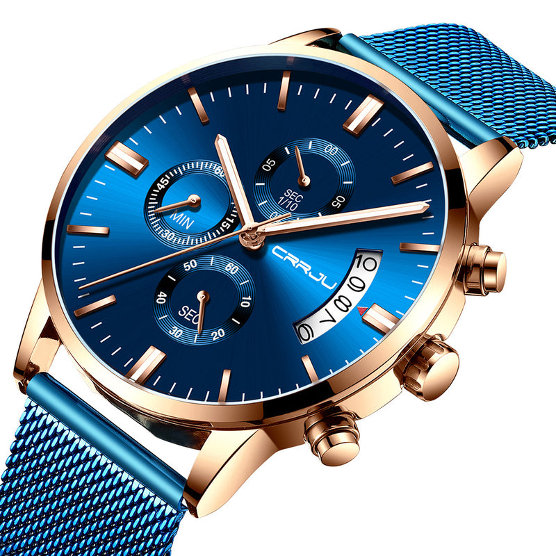 CRRJU 2273 Men Fashion Blue Dial Full Mesh Steel Strap Sport Clock Waterproof Quartz Watch