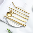 Golden Stainless Steel Spoon Fork Straw Set Chopsticks with Cleaning Brush