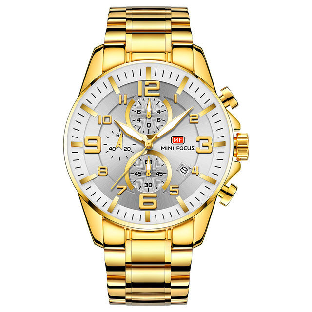 MINI FOCUS MF0278G Royal Golden Stainless Steel Chronograph Business Quartz Watch Men Wristwatch