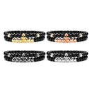 Fashion Men's 6mm Black Onyx Bead Skeleton Skull Head Beaded Bracelet Gift Set