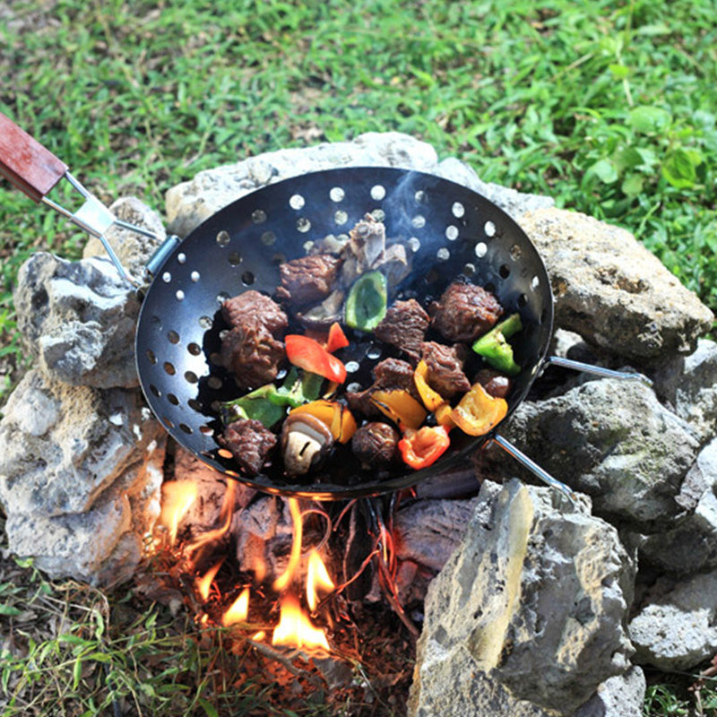 Non Stick BBQ Grilling Skillet with Folding Handle Round BBQ Pizza Grill Pan For Veggies Seafood BBQ