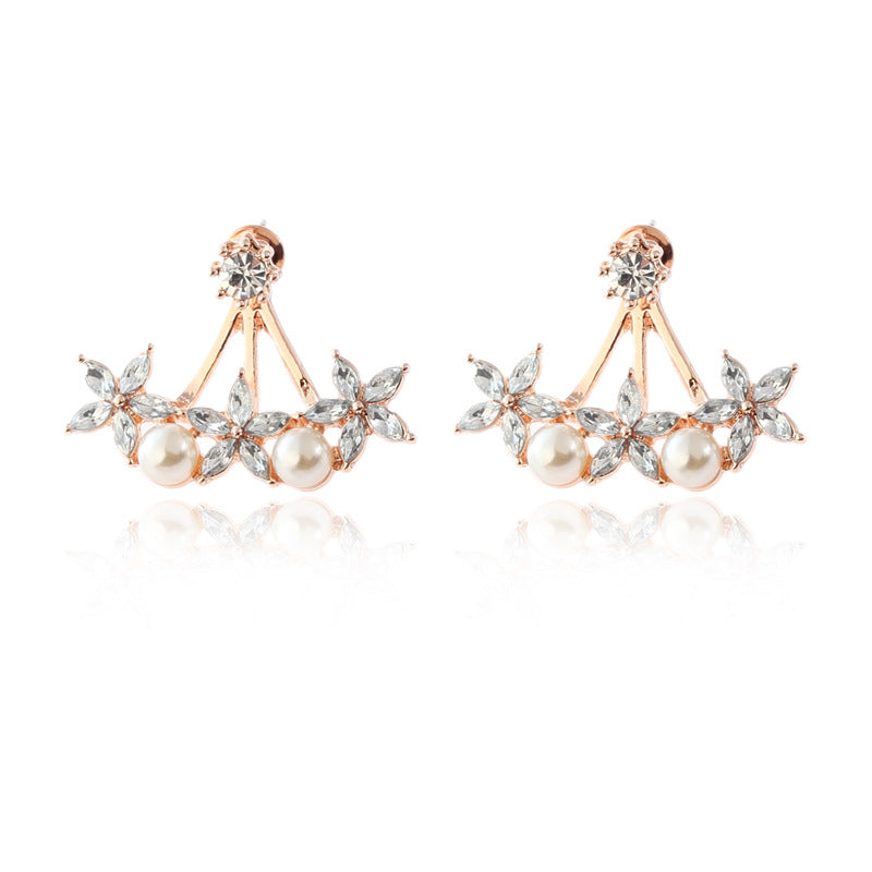 Sweet Flowers Rhinestones Pearls Ear Stud Earring Ear Jacket Cute Earrings for Women