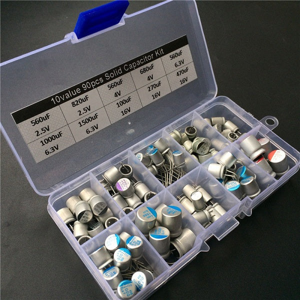 10 Values 90pcs Solid Capacitor Assorted Kit 2.5V~16V 100uF~1500uF With Box
