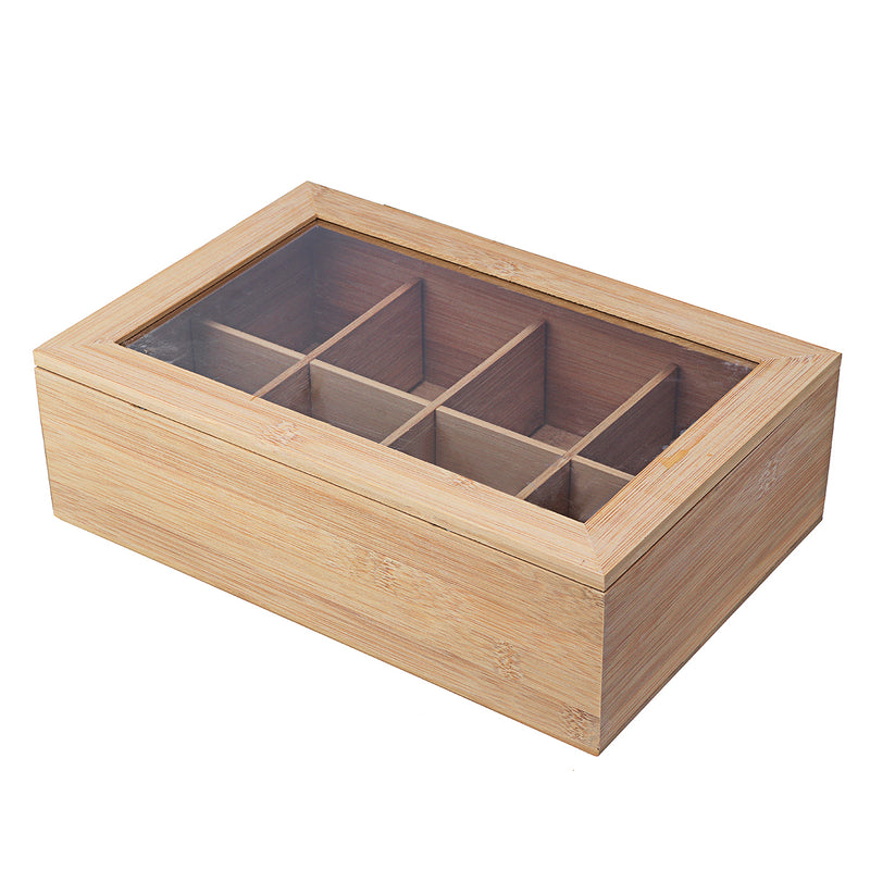 8 Compartments Wooden Tea Box Glass Top Lid Cover Container Teabags Display Storage Gift