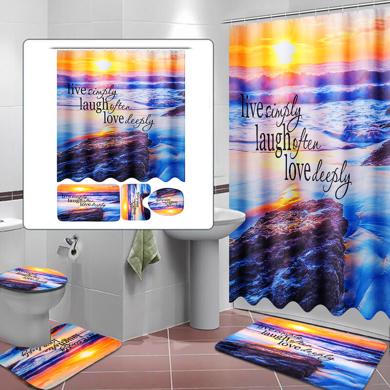 Sandy Beach Waterproof Bathroom Shower Curtain Toilet Cover Mat Non-Slip Rug Set