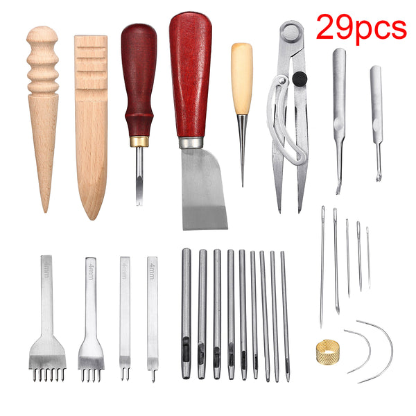 29PCS/Set Leather Craft Hand Tools Kit Thread Awl Waxed Thimble Kit For Hand Stitching Sewing Tools Stamping Carving Work DIY Tool Set