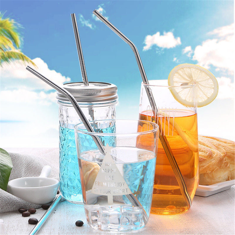 Stainless Steel Metal Drinking Straw Reusable Juice Pipe + Cleaner Brush + Box