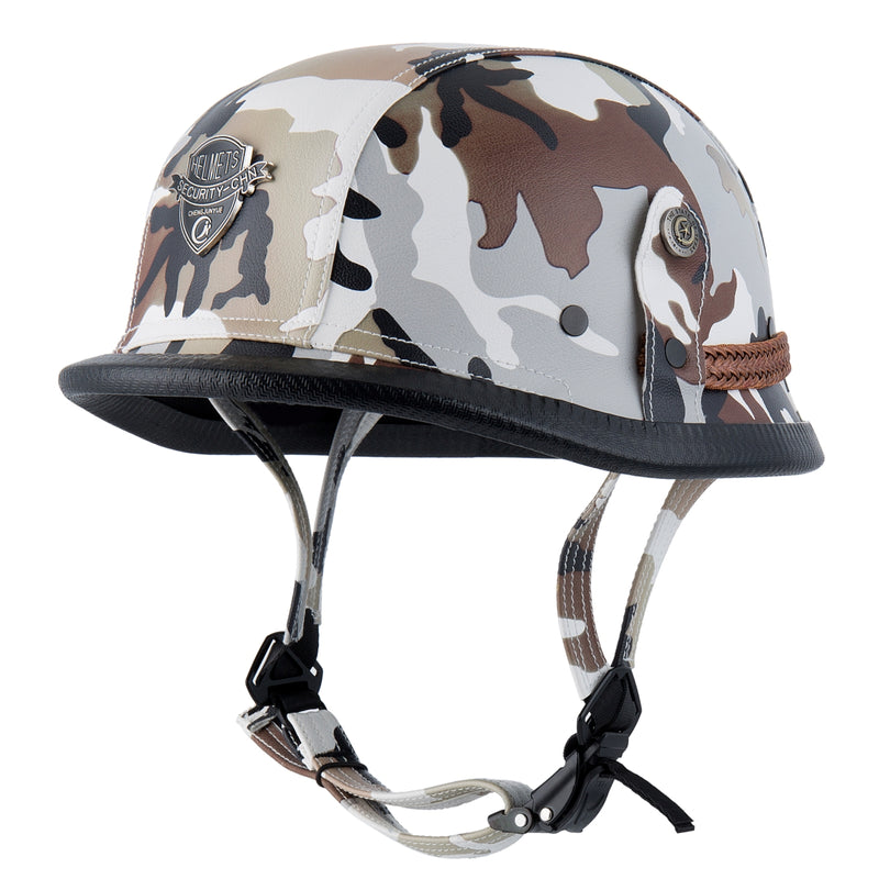 BYB Retro Cruiser Half Face Helmet Motorcycle Riding Leather Camouflage/Black