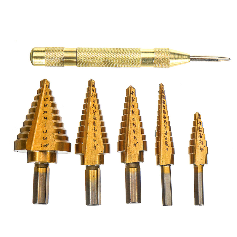 6Pcs Titanium Drill Bit Set Steel Step Drill Bits Cone Multiple Hole 50 Sizes with Case Kit
